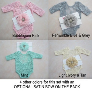 Newborn Lace Romper with 5 color options/ w/sleeves/ unlined/ AND/OR 4 inch floral headband/ baby photo outfit/ bebe, by Lil Miss Sweet Pea image 3