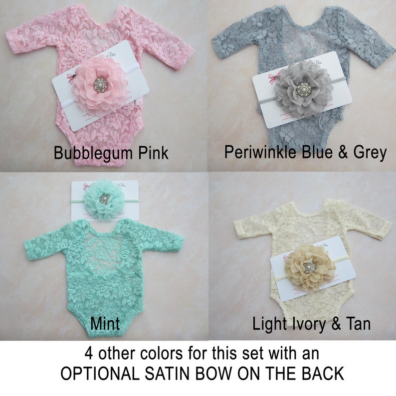 Newborn Lace Romper with 5 color options/ w/sleeves/ unlined/ AND/OR 4 inch floral headband/ baby photo outfit/ bebe, by Lil Miss Sweet Pea image 3