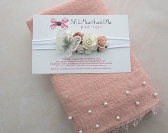 Pearl Wrap in Coral Blush color AND/OR White Butterfly adorned headband, paper roses, newborn photo,  swaddle wrapset, Lil Miss Sweet Pea