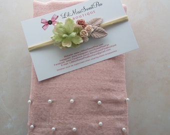 Pearl Wrap in Coral Blush color AND/OR Flower headband, with paper roses, newborn photo,  swaddle wrapset, Lil Miss Sweet Pea