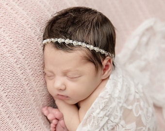 Newborn silver pearl and rhinestone headband, bebe, bandeau, photographer, pearls, baptism, christening, baby bling, Lil Miss Sweet Pea