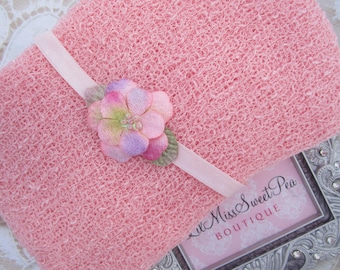 Pink Knit Wrap AND/OR Matching Velvet Beaded Flower Headband set for photo shoots, girly pink, bebe, foto, infant hair/ Lil Miss Sweet Pea