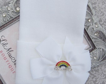 Rainbow Baby Hospital Hat, white newborn hat, baby hat, hat with matching bow, fabric bow, bebe, foto, take home hat, by Lil Miss Sweet Pea