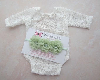 Newborn Lace Romper with choice of ribbon bow on the back, or no bow, **AND/OR** Mint Trio Flower Headband, bebe, Lil Miss Sweet Pea