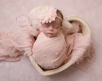 Coral Blush Muslin Pearl Wrap for Newborn Photos, not everyday use, AND/OR matching 3.75" floral headband, newborn , Lil Miss Sweet Pea