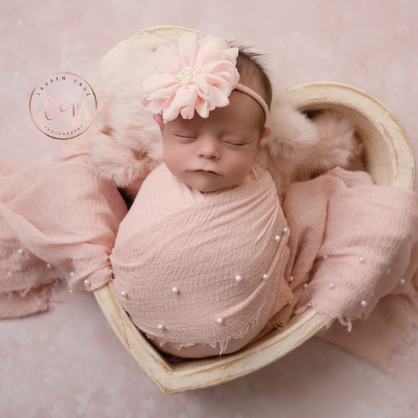 Coral Blush Muslin Pearl Wrap for Newborn Photos, not everyday use, AND/OR matching 3.75" floral headband, newborn , Lil Miss Sweet Pea