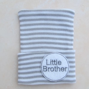 Little Brother BOYS Newborn Hospital Hat, grey & white stripe hat, take home hat, boys sports hat, beenie, boy beanie, by Lil Miss Sweet Pea