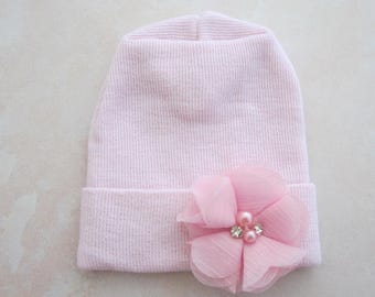 PREEMIE Hospital Hat: Baby Pink Flower, Latex Free, Made in USA