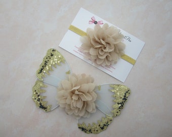 Blue, gold and tan butterfly wing set for newborn photos, newborn photographers, new baby, baby girl, baby wings by Lil Miss Sweet Pea
