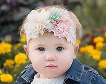 Peach, Ivory & Sage Cluster Flower Headband on 2 Inch Ivory Stretch Lace, photographer, newborn photo shoots by Lil Miss Sweet Pea