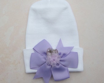 Newborn hospital hat with choice of bow color, baby shower gift, baby hat, white hat, infant beenie, by Lil Miss Sweet Pea