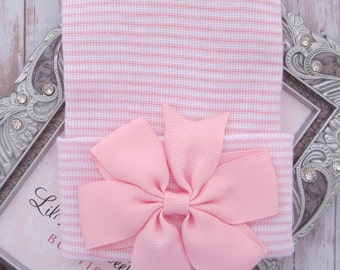 Newborn hospital hat, pink and white stripes, with grosgrain ribbon bow, baby hat, lil miss sweet pea, infant beanie, baby shower gift, bebe
