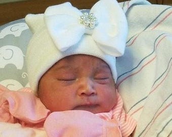PREEMIE hospital hat, white with a pearl and rhinestone attachment, baby hat, hospital take home outfit, bebe, Lil Miss Sweet Pea Boutique