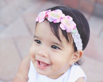 Halo of Pink velvet flowers on a lace headband, three 1.5 inch flowers makes the cutest headband for newborns by Lil Miss Sweet Pea