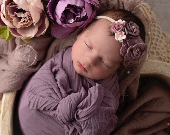 Featured listing image: Dusty purple newborn swaddle wrap with wrinkled folds AND/or light lavender pearl swaddle AND/or headband for photo shoot Lil Miss Sweet Pea