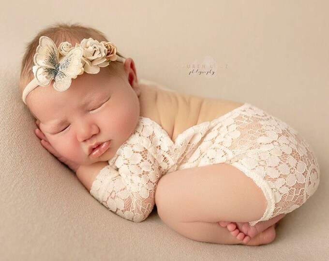 Featured listing image: Light Ivory Lace Romper for Newborn Photos AND/OR Butterfly adorned headband, newborn photo set,  baby girl photo,  by Lil Miss Sweet Pea