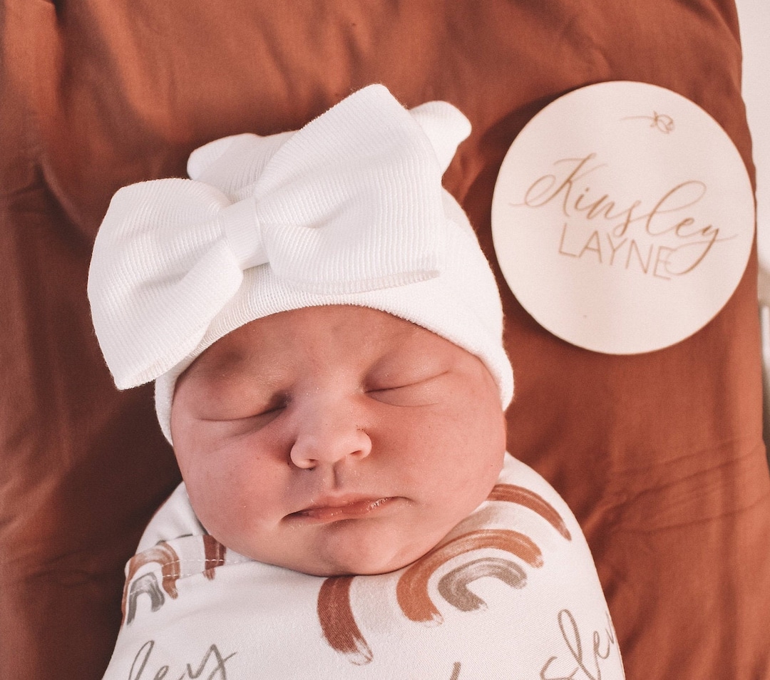 Newborn Hospital Hat, White, White Bow, NO PERSONALIZATION, Baby Hat