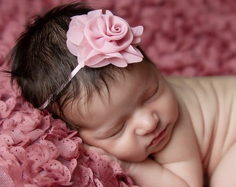 Dusty Rose Chiffon Flower Headband, for photo shoots, new baby, bebe, photographer, Lil Miss Sweet Pea