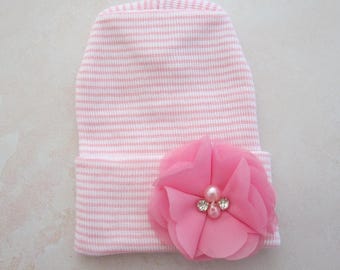 PREEMIE Hospital Hat: Pink and White Stripe, Dark Pink Flower, Latex Free