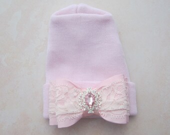 Newborn Hospital Hat, baby pink with 4 inch pink bow with vintage rhinestone center, baby hat, shower gift, Lil Miss Sweet Pea