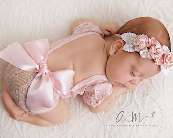 Pink Champagne lace romper with puffed sleeves, newborn size, AND/OR matching flower headband, photo shoot, Lil Miss Sweet Pea