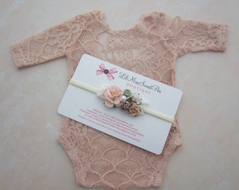 Pink Champagne Unlined Newborn Lace Romper AND/OR matching headband, newborn photos, foto bebe, by Lil Miss Sweet Pea