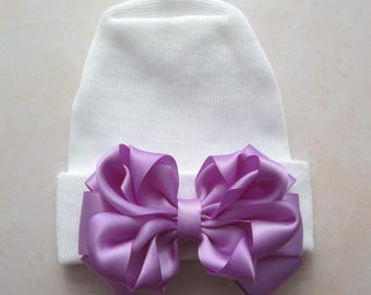 Newborn Hospital Hat: White with Purple Satin Boutique Bow