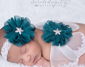 Butterfly wings, white and teal baby wings AND/OR matching headband for newborn photos, baby girl, Lil Miss Sweet Pea