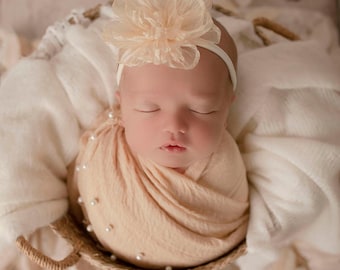 Camel Tan Pearl Adorned Swaddle AND/OR matching flower headband fo  baby photo wrap, newborn photo swaddle, by Lil Miss Sweet Pea