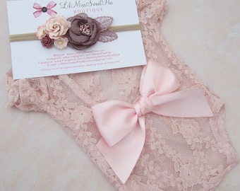 Newborn Rompet, Light Pink Unlined Lace, with puffed sleeves, with or without a bow on the back, AND/OR headband, by Lil Miss Sweet Pea