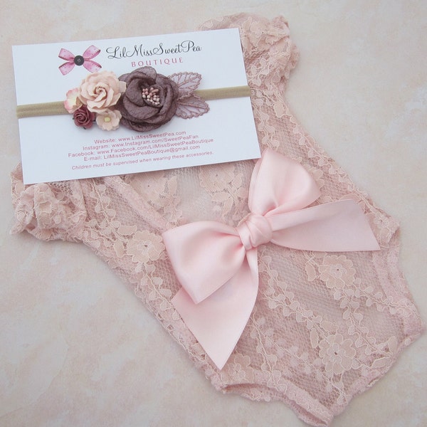 Newborn Rompet, Light Pink Unlined Lace, with puffed sleeves, with or without a bow on the back, AND/OR headband, by Lil Miss Sweet Pea