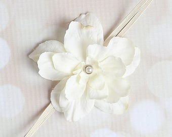 Ivory Delphinium Flower headband for newborn photo shoots or everyday wear, perfect for all ages, baby shower gift by Lil Miss Sweet Pea