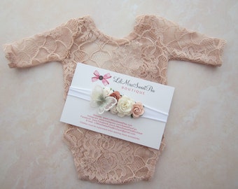 Pink Champagne Unlined Newborn Lace Romper AND/OR matching lace flower headband, newborn photos, foto bebe, by Lil Miss Sweet Pea