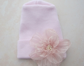 Newborn Hospital Hat, baby pink with 3 inch sheer pink chiffon flower, baby hat, infant, shower gift, Lil Miss Sweet Pea