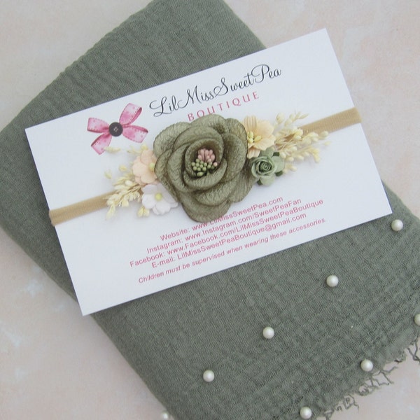 Sage pearl adorned swaddle wrap AND/OR matching flower headband, newborn photo shoots, handmade, bandeau, swaddle set Lil Miss Sweet Pea