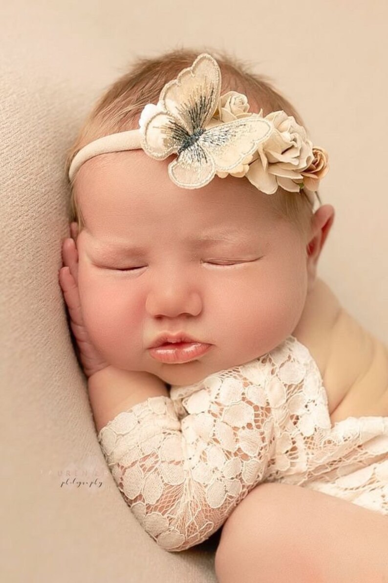 Newborn Lace Romper, unlined, in light Ivory AND/or butterfly adorned paper flower headband AND/or Pearl Swaddle by Lil Miss Sweet Pea image 6