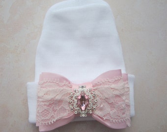 Newborn Hospital Hat, white with 4 inch pink bow with vintage rhinestone center, baby hat, infant, shower gift, Lil Miss Sweet Pea