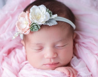 Couture Mulberry Flower Headband, baby photos, newborn photoshoot, photographer headband, ivory and blush flowers, by Lil Miss Sweet Pea