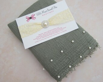 Sage pearl adorned swaddle wrap AND/OR matching  1.5 Inch stretch lace headband, newborn photo shoots, handmade, bandeau, Lil Miss Sweet Pea