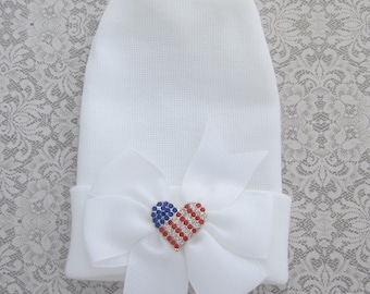 Patriotic Newborn Hospital Hat, white with bow and flag heart, baby hat, baby girl, shower gift, PERSONALIZED, by lil miss sweet pea
