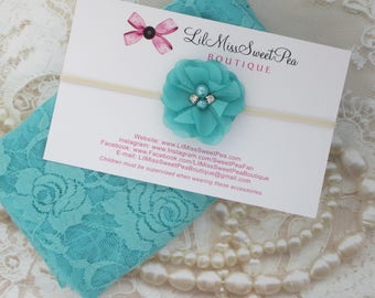 Aqua stretch lace swaddle wrap(16 x 58") AND/OR matching flower headband for newborn photo shoots, stretch lace by Lil Miss Sweet Pea
