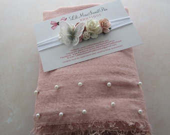 Pearl Wrap in Dusty Rose color AND/OR White Butterfly adorned headband/ paper roses/ newborn photo/  swaddle wrapset/  by Lil Miss Sweet Pea