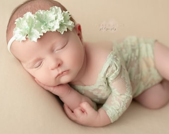 Sage Newborn Lace Romper, choice of Bow on the back or no bow, AND/OR matching headband, newborn photos, foto bebe/ by Lil Miss Sweet Pea