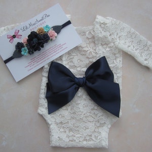 White Sheer Lace Newborn Romper AND/OR Navy and pink cluster flower headband, Mulberry paper and fabric flowers by Lil Miss Sweet Pea image 1