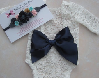 White Sheer Lace Newborn Romper AND/OR Navy and pink cluster flower headband, Mulberry paper and fabric flowers by Lil Miss Sweet Pea