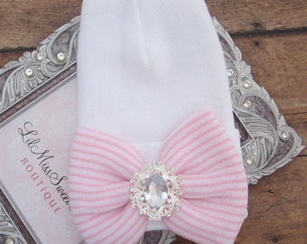 Newborn hospital hat, pink stripe bow with vintage cente, take home hat, baby beenie, by Lil Miss Sweet Pea