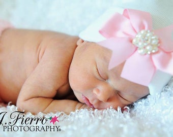 White Newborn Hospital Hat with a Pink Grosgrain Bow Adorned with a Pearl & Rhinestone Button, baby hat, infant, Lil Miss Sweet Pea Boutique