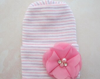 Newborn Hospital Hat: Lavender, Pink and White Stripe, with Dark Pink Flower, Latex-Free