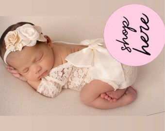 Light Ivory Lace Romper, lace, w/sleeves, unlined, AND/OR matching floral headband, newborn set, bebe foto, Lil Miss Sweet Pea