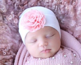 Newborn Hospital Hat, white with 2.75 inch pink chiffon flower, baby hat, infant beanie, shower gift, infant hat, gift, Lil Miss Sweet Pea